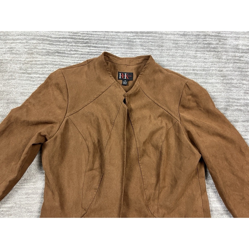 R&K Original Jacket Womens 14 Brown Polyester Open‎ Front Faux Suede Feel - Picture 2 of 14